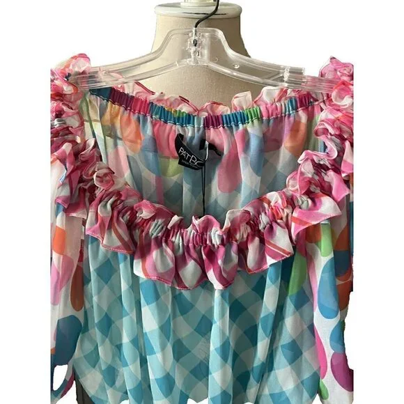 PATBO Antibes Off-The-Shoulder Top Plaid/Circle Combo Women's Size XS NWT - Picture 4 of 6